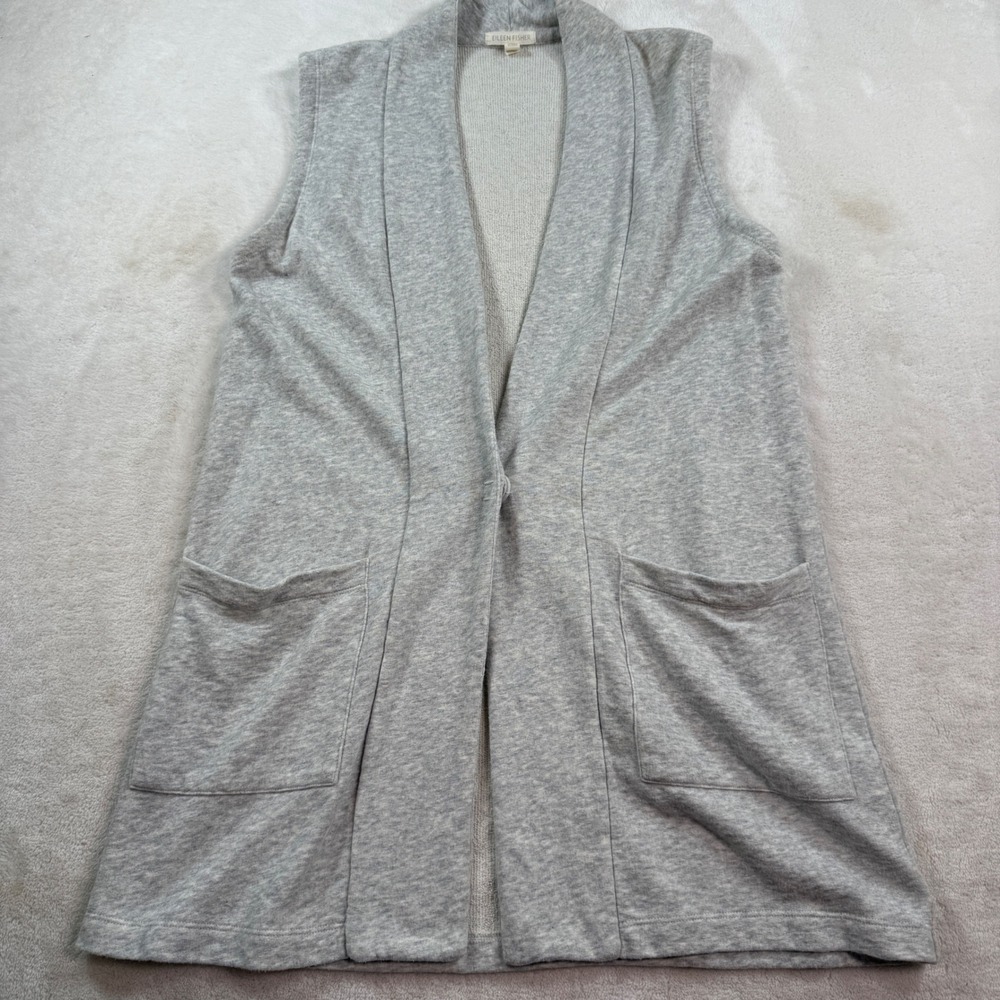 Eileen Fisher Womens XS Grey Organic Cotton French Terry Long Open Front Vest